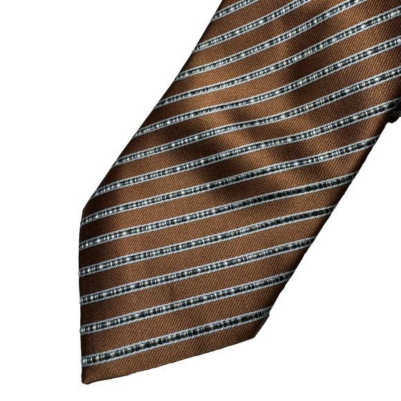 IMANI UOMO Mens Tie Bronze Brown Silver Textured Striped Silk Touch Hand Made - Picture 2 of 6